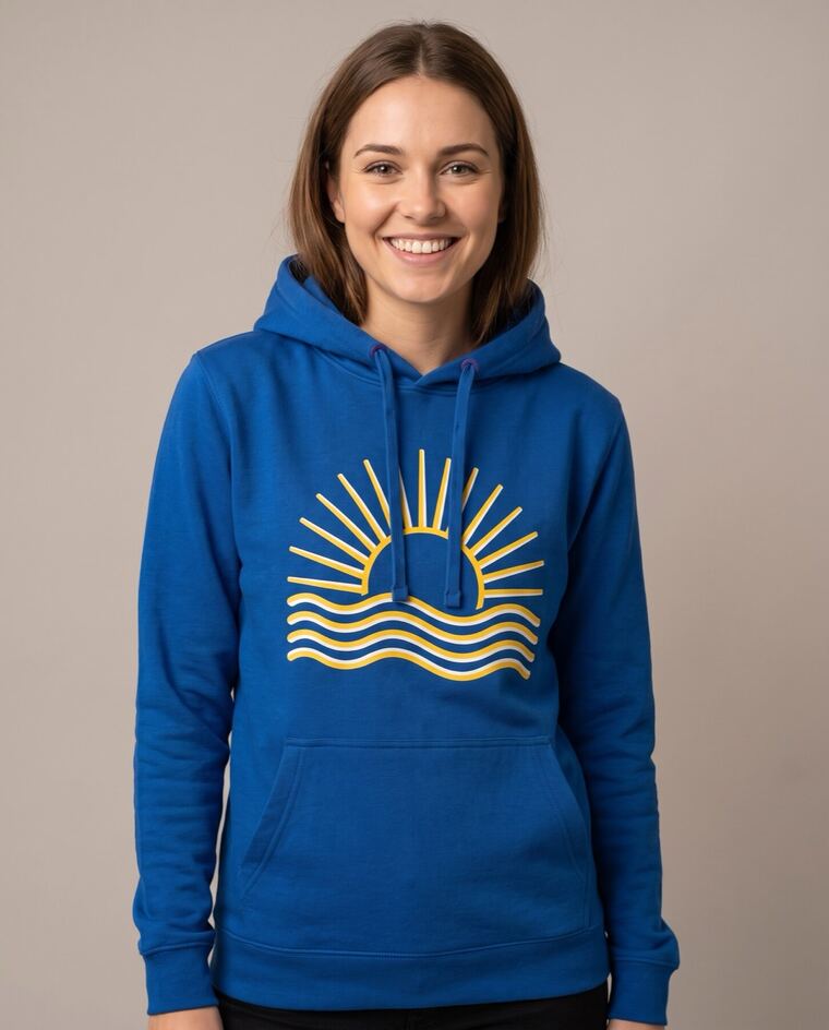 Sweat à capuche bleu, soleil sérigraphié en jaune